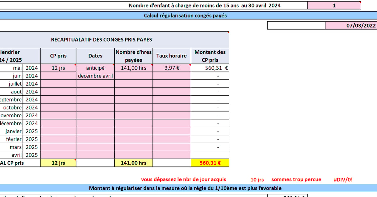 Tableau de calcul de congés payés Laly Anna